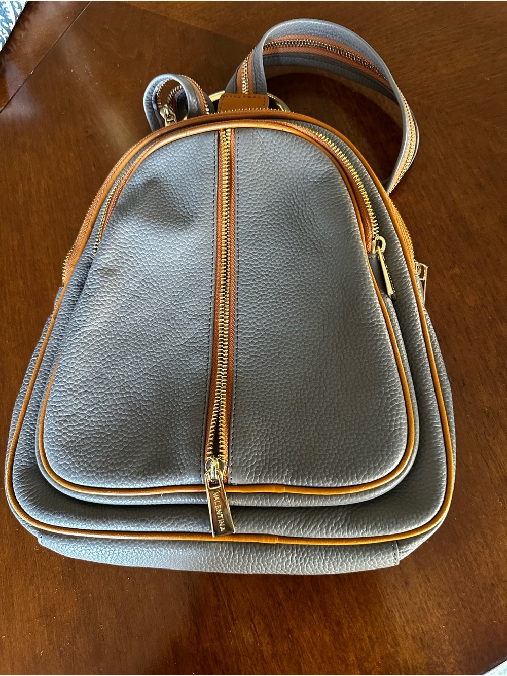 Valentina Womens Grey and Tan Leather sling/backpack Bag with Gold Hardware